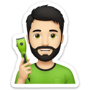 handsome young man, fair complexion, messy black hair and beard, smiling, black t-shirt, holding one small true-to-size lime green face beard trimmer in one hand, iOS emoji style sticker