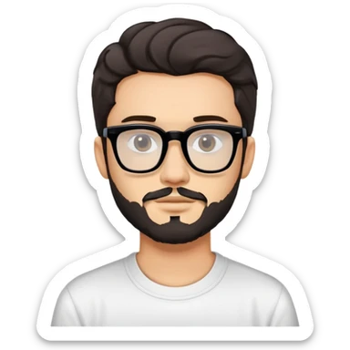 young adult man with light skin, short beard, dark wavy hair, relaxed expression, very wide rectangular glasses with thick black acetate frame and thick double bridge, retro oversized style, colorful open shirt and white t-shirt sticker
