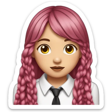 (gril) makima with long straight red or pink hair fringe and braid, yellow eyes with a circle inside and a white shirt with long sleeve and black tie sticker