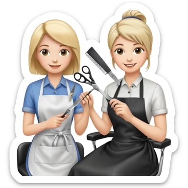 woman getting a haircut from a female hairstylist, both smiling, client sitting in chair with apron, hairstylist standing behind holding scissors sticker
