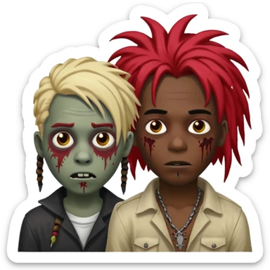 make two zombie boys, preferably black, both with dreadlocks, one with short hair, half blond and half black, and the second with long dreadlocks (up to the shoulder) with red roots and black tips  sticker