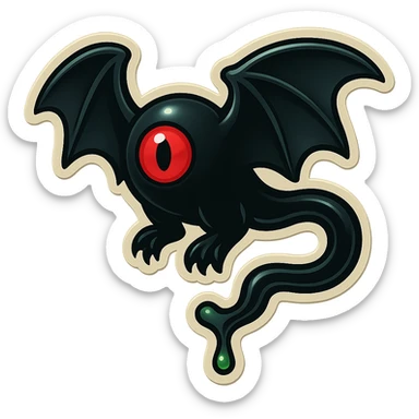 an all black reptilian bat-like creature. One cyclopian red eye in its face. no visible mouth or ears. 2 hind legs with claws. has a long tale with a stinger that drips green poison. no ears. no horns. no arms. sticker