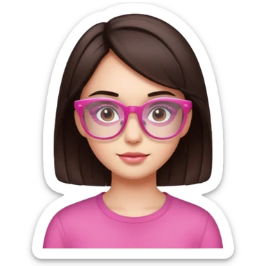 to give birth to a brunette girl who wears semi-transparent pink glasses and has short dark brown hair. sticker