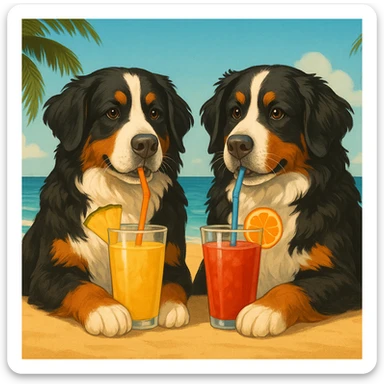 two Bernese mountain dogs sipping tropical drinks together, wide scene, 1950x640 sticker