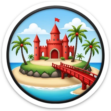 a circular island with a modern chateau, a beach with palm trees in front. also, a red bridge behind.  sticker