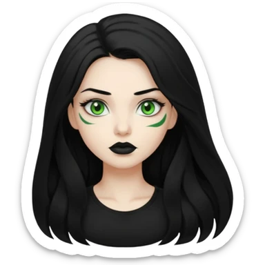Black haired woman, green eyes, black lipstick, white skin, black t shirt, sharp face, long hair sticker