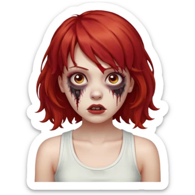 Uma menina de cabelo vermelho com franja, que seja uma zombie, e que esteja vestindo uma regata branca, cabelo médio e liso mais enrolado nas pontas  sticker