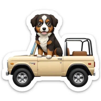 Cream colored ford bronco with no roof and a Bernese mountain dog in the seat sticker
