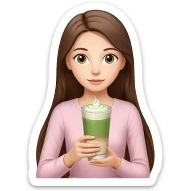 white long brunette hair girl with hazel eyes wearing light pink who is holding matcha sticker