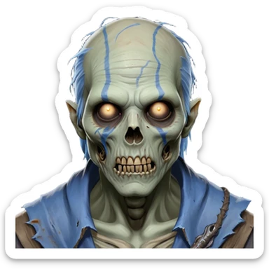 Cinematic Realistic WoW undead friendly zombie Portrait, depicted with decayed yet noble features, his weathered, pallid skin etched with ghostly blue veins and ancient scars. Clad in modest, tattered attire in muted browns and greys that remain consistently rugged, his hollow eyes burn with determined defiance. Rendered with lifelike texture and dramatic natural lighting, high shine, noble and resilient, capturing the stoic spirit of an undead veteran of Azeroth. sticker