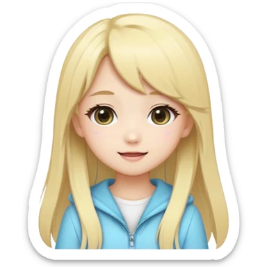 Cute kawaii emoji-style Japanese K-pop girl, blonde long hair , trendy K-pop outfit with Japanese cute fashion vibes, big sparkling eyes, chibi proportions, clean lineart, pastel colors, cheerful idol smile, sticker/emoji style, transparent background sticker