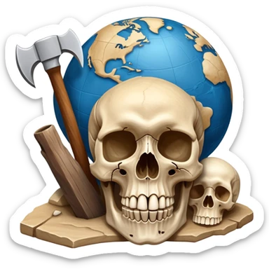 An icon featuring a human skull and fossilized bones, symbolizing the study of anthropology. The design includes archaeological tools like a pickaxe and brush, with a background of ancient artifacts and a globe. Transparent background emphasizes the exploration of human history and evolution. sticker