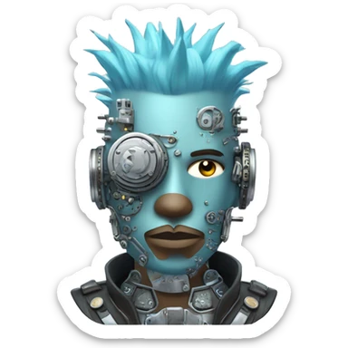 Pastel blue Mohawk cyborg head with silver steampunk goggles, goatee and circuits sticker