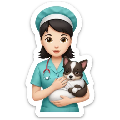 dark haired nurse holding baby dog sticker
