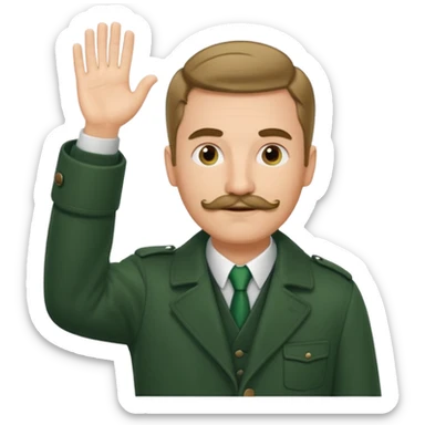 German guy with short mustache and a comb over raising his hand with a dark green coat sticker