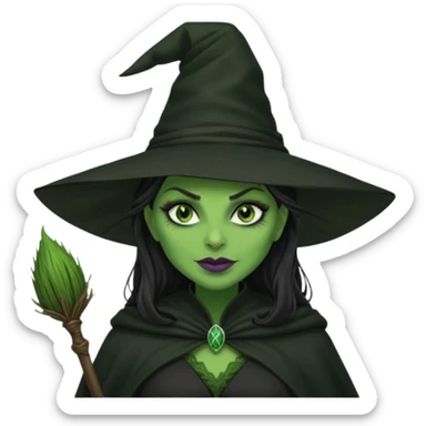 elphaba wicked witch with broom close up, evil dark coily long dark hair, green skin, thick green lips, cheekbones, smirk evil menacing cythia erivo dark aesthetic black hat cloak o sticker