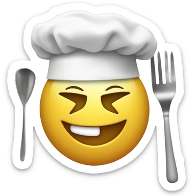 Create a Smiley face with one eye blinking, add a chef's white hat on its head, make the hat big enough, and show two hands where in one hand it is holding a spatula and mixing something in a bowl which is being held in its second hand. sticker