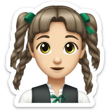 (masterpiece), top quality, expressive eyes, perfect face, mackerel, ddlconics, blunt bangs, brown hair, (green eyes:1.5), long hair, ponytail, ribbon, white ribbon, hair ribbon, side locks, sticker