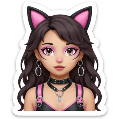Remove any apple from the emoji. Make the makeup even more natural and minimal. Keep the silver O-ring, bangs, light-medium Hispanic skin, long dark wavy hair, cat ears, and pink BDSM-inspired harness. Style: apple emoji. sticker