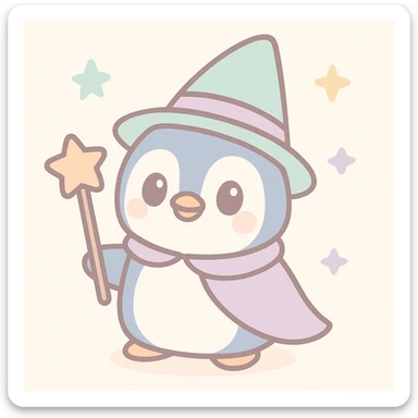 a penguin dressed as a wizard, with a pointed hat and a magic staff, in a fun and whimsical style sticker