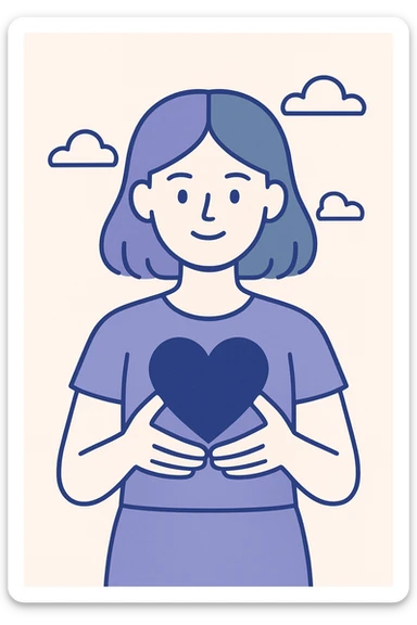 girl with half purple half green hair holding a heart, minimal flat design sticker