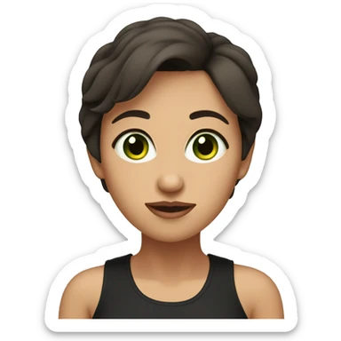 brune lady with short hair, angular face, green eyes with black tank top. sticker
