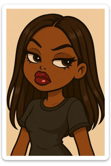 Change her pose to a side-eye, headshot only, 20-year-old anime Bratz style woman with dark skin, straight hair, more casual outfit, big expressive eyes, glossy lips, no hat, no tears, confident and aloof expression, snooty attitude, nose turned up. Render in anime Bratz style with emphasis on glossy lips and big expressive eyes, confident and aloof expression, no hat, no tears. sticker
