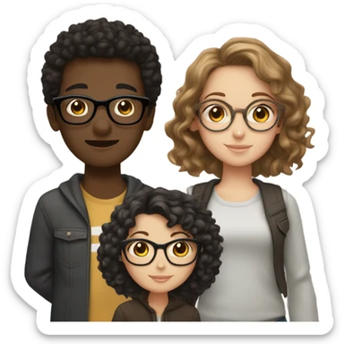 3 friends, one black male, black short hair, round face with glasses, one white girl with glasses and hair high in clip and one light brown girl with pretty skin and curly brown hair sticker