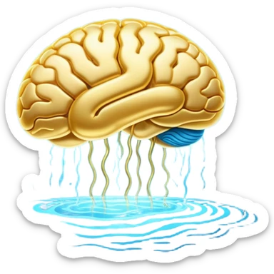 Glowing golden omega pill floating in ethereal blue waves, connected to a luminous brain by streams of light. The brain pulses with enhanced neural activity, with the entire scene having a mystical, flowing quality and soft radiance. sticker