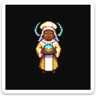 Portrait of a radiant baker with a glowing halo, golden robes, and a cookie-shaped aura, skeuomorphism style sticker