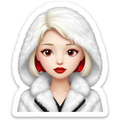 A beautiful, cute girl with red lipstick on her lips in a white fur coat,  in full view sticker