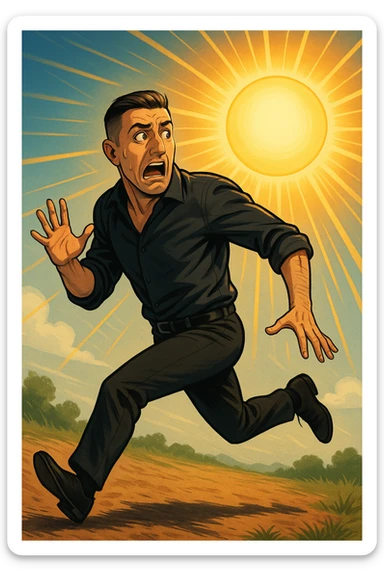 Uomo che corre via dal sole spaventato perchè pensa sia nocivo sticker