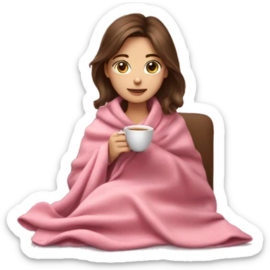 brown hair girl drinking tea with cozy pink blanket sticker