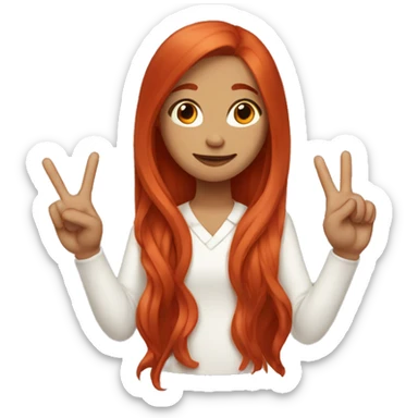 A girl with long red hair make a peace sign sticker