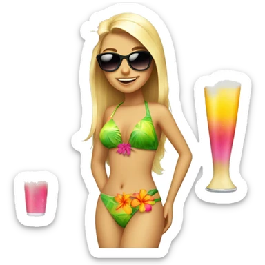 Blonde girl with a hawaii flower in her head, bikinis and sunglasses and coconut drink sticker