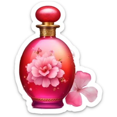An antique perfume gradient red and pink bottle in oriental style, oil perfumes inside, sequins and flowers flying around sticker