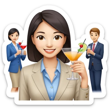 asian women business casual clothing, smiling, holding cocktail glass socializing at a work party sticker