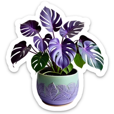 A stunning purple monstera plant with deep violet-green leaves, each leaf elegantly veined with subtle shades of purple, creating an ethereal glow. The plant is flourishing in a beautifully crafted lavender ceramic pot with intricate embossed floral patterns. The background features a softly blurred, moody violet gradient, enhancing the plant’s lush aesthetic. Delicate strands of ivy and tiny lavender blossoms cascade around the pot, adding depth and harmony. Soft, diffused lighting casts a gentle glow, emphasizing the plant’s unique coloration and creating a dreamy, artistic composition. sticker