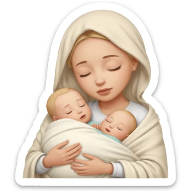 a parent cradling a sleeping baby, both faces peaceful, baby wrapped in a blanket, nurturing and warm feeling sticker