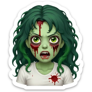 a zombie with long curly black hair volumoso, brown eyes, a white t-shirt and a splash of blood on her t-shirt, mouth open like a zombie, green skin color, not much expression, no drawing on shirt, no hands showing, less blood on her face, less blood, black hair and black eyes sticker