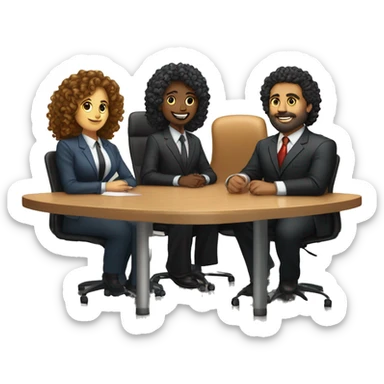 work meeting table 3 men and 4 women sitting on a table wearing suits the women have curly hair and one of the men is fat with a beard and of them is tanned with curly hair sticker