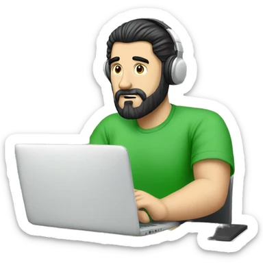 white guy with black hair thin face with beard typing in laptop wearing green t-shirt working in call center sticker