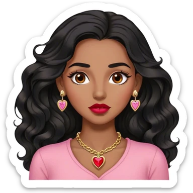 Woman,Medium brown skin,super long black wavy hair, medium brown arched eyebrows, full lashes, red nude lips, diamond stud earrings, gold heart locket, pink shirt sticker