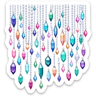 Many cute tiny Iridescent glistening glossy sparkly shiny glittery hanging crystals pearls and beads and gemstones scenery scenic decorations sticker