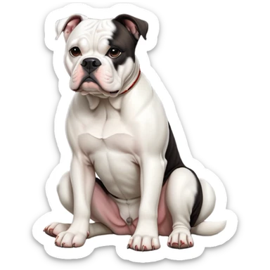 cinematic-[american bulldog]-realistic-full-body-sitting-emoji,-tail-resting-loosely-beside-its-paws,-head-tilted-dramatically,-sleek-[pied black]-fur,-simplified-yet-realistic-focused-features,-highly-detailed,-glowing-with-an-almost-sarcastic-glow sticker