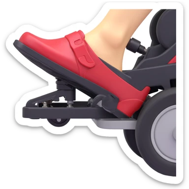 A clean 3D emoji-style illustration of a single right foot pressing down on gas pedal. Only the foot and the pedal are shown, viewed from the side. The pedal is slightly tilted to show pressure. No background, simple colors, minimal details sticker