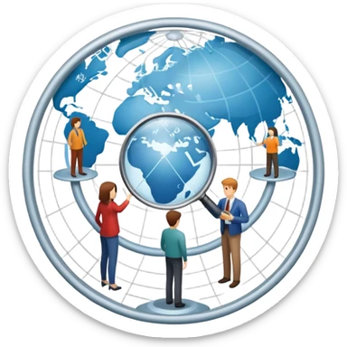 An icon featuring a group of people, a network diagram, and a magnifying glass, symbolizing sociology. The design includes a globe and interconnected lines, representing social structures and relationships. Transparent background highlights the study of societies and human behavior. sticker