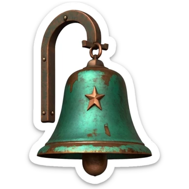 3D render of Church Bell, heavily oxidized copper texture, verdigris patina, Green weathered metal surface, weathered bronze aesthetic, ancient decay, emoji style, isolated on white background --v 6.0. sticker