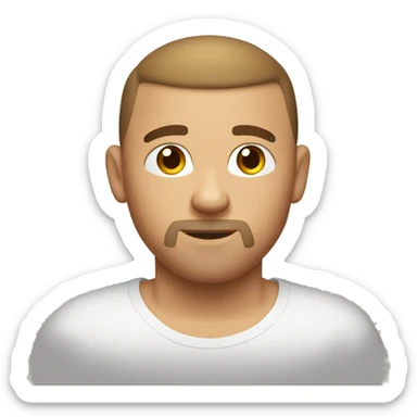 short, light brown hair, a neat buzz cut, and a thin goatee. He is wearing a plain white t-shirt sticker