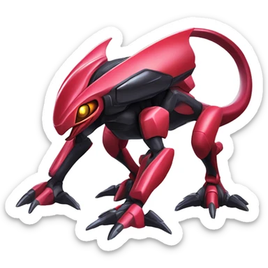 a shiny black-red Genesect-Raptor-Fakémon—hybrid with a futuristic visor-helmet full body sticker